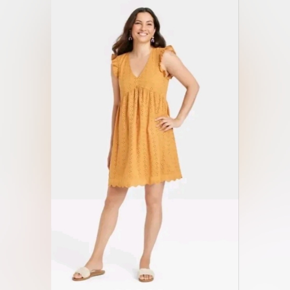 Sahara Gold Ruffle Short Sleeve Eyelet A-Line Dress NWT
